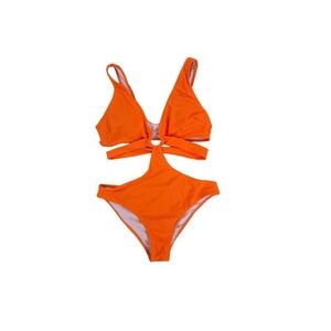 Orange One Piece Swimsuit Cutout Ring Detail Halter Neck‎ Bathing Suit
